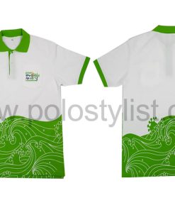 เสื้อโปโล สีขาว ขอบ + สกรีน สีเขียว