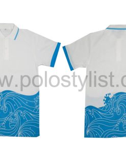เสื้อโปโล สีขาว ขอบ + สกรีน สีฟ้า