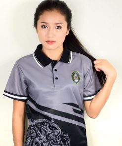 เสื้อโปโลหญิง สีเทา-ดำ พิมพ์ลายช้าง