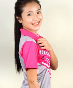 เสื้อโปโลหญิง สีเทา แทบสีชมพู