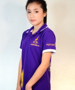 เสื้อโปโลหญิงสีม่วง พิมพ์ลายสีส้ม