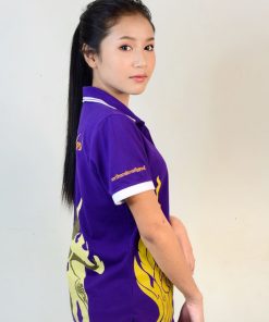 เสื้อโปโลหญิงสีม่วง พิมพ์ลายสีส้ม