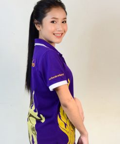 เสื้อโปโลหญิงสีม่วง พิมพ์ลายสีส้ม