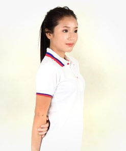 เสื้อโปโลหญิงสีขาว แถบปกสีแดง-นํ้าเงิน