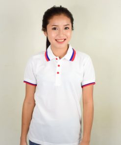 เสื้อโปโลหญิงสีขาว แถบปกสีแดง-นํ้าเงิน