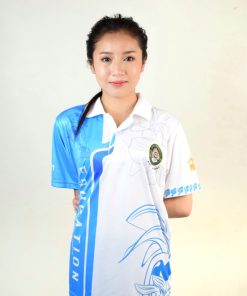 เสื้อโปโลหญิงสีขาว แถบนํ้าเงิน