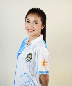เสื้อโปโลหญิงสีขาว แถบนํ้าเงิน