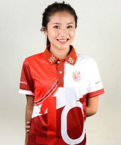 เสื้อโปโลหญิงสีแดง พิมพ์ลายผสมขาว+ส้ม+แดง