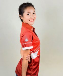 เสื้อโปโลหญิงสีแดง พิมพ์ลายผสมขาว+ส้ม+แดง