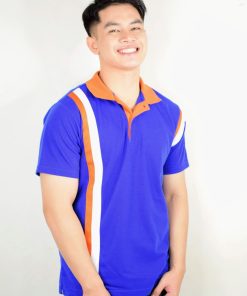 เสื้อโปโล สีน้ำเงิน ปกส้ม ลายขาว