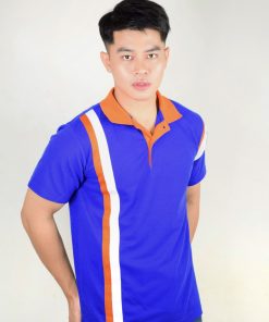 เสื้อโปโล สีน้ำเงิน ปกส้ม ลายขาว