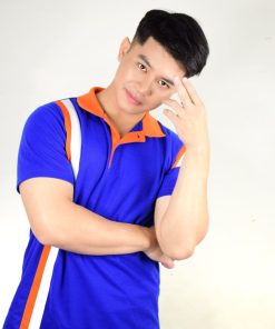เสื้อโปโล สีน้ำเงิน ปกส้ม ลายขาว
