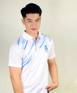 เสื้อโปโลชาย สีขาว ลายเส้นสีฟ้า
