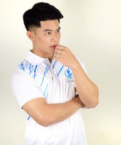 เสื้อโปโลชาย สีขาว ลายเส้นสีฟ้า