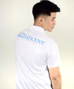 เสื้อโปโล สีขาว ลายเส้นสีฟ้า