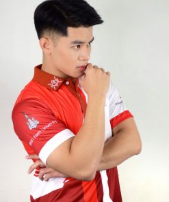 เมื้อโปโล สีแดง พิมพ์ลายผสมขาว+ส้ม+แดง