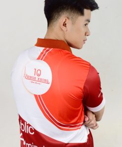 เมื้อโปโล สีแดง พิมพ์ลายผสมขาว+ส้ม+แดง