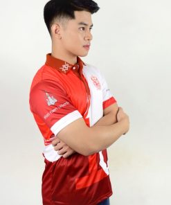 เมื้อโปโล สีแดง พิมพ์ลายผสมขาว+ส้ม+แดง