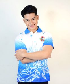 เสื้อโปโล สีขาวใล่สีฟ้า + รูปช้างลายไทย