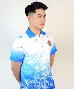 เสื้อโปโล สีขาวใล่สีฟ้า + รูปช้างลายไทย