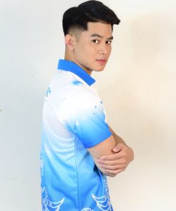 เสื้อโปโล สีขาวใล่สีฟ้า + รูปช้างลายไทย